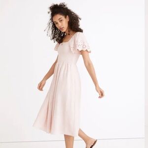 Madewell Linen-Blend Eyelet-Sleeve Lucie Smocked Midi Dress